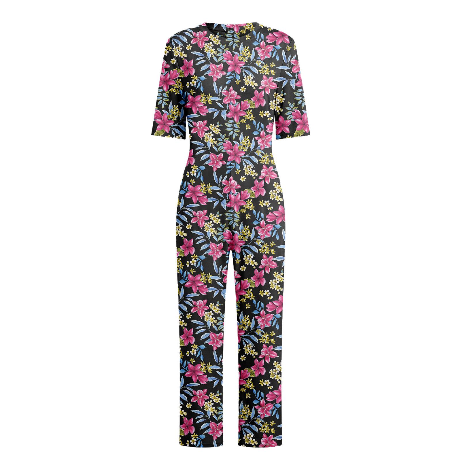 

Womens Elderly Nursing Floral Print Jumpsuit Short Sleeve Back Zipper Lounging Style Anti-strip Adaptive Rompers S