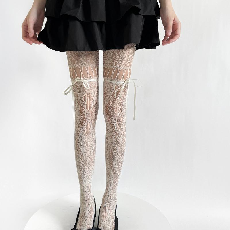 New Design Beige Tights Women Sexy See Through Mesh Sheer Fishnet Stockings Jk Uniform Bow Tie Strap Lace Bottoming Pantyhose