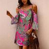Bohemian Off-Shoulder Floral Print Dress – V-Neck Bell Sleeve Mini Dress for Women, Pink Green Paisley Boho Summer Casual Sundress
