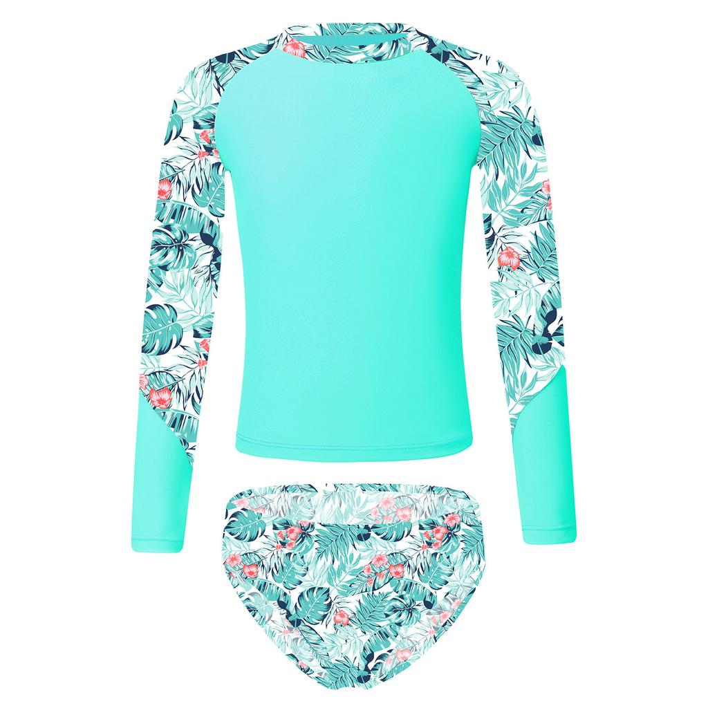 Girls Long Sleeve Swim Set Printed Mock Neck Rash Guard Top Swim Briefs UPF 50 Sun Protective Beach Pool Outfit