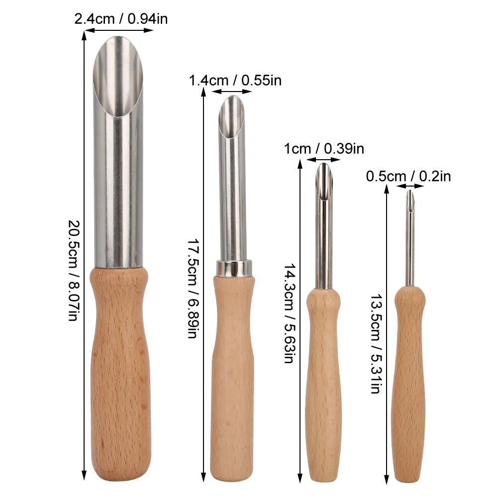 4 Piezas Herramienta de Cerámica Acero Inoxidable Perforador de Agujeros Mango Redondo de Madera Juego Hecho a Mano