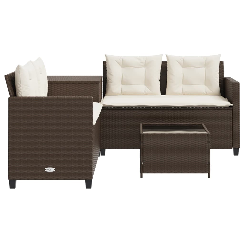 L Shaped Garden Sofa with Table and Cushions Brown Poly Rattan