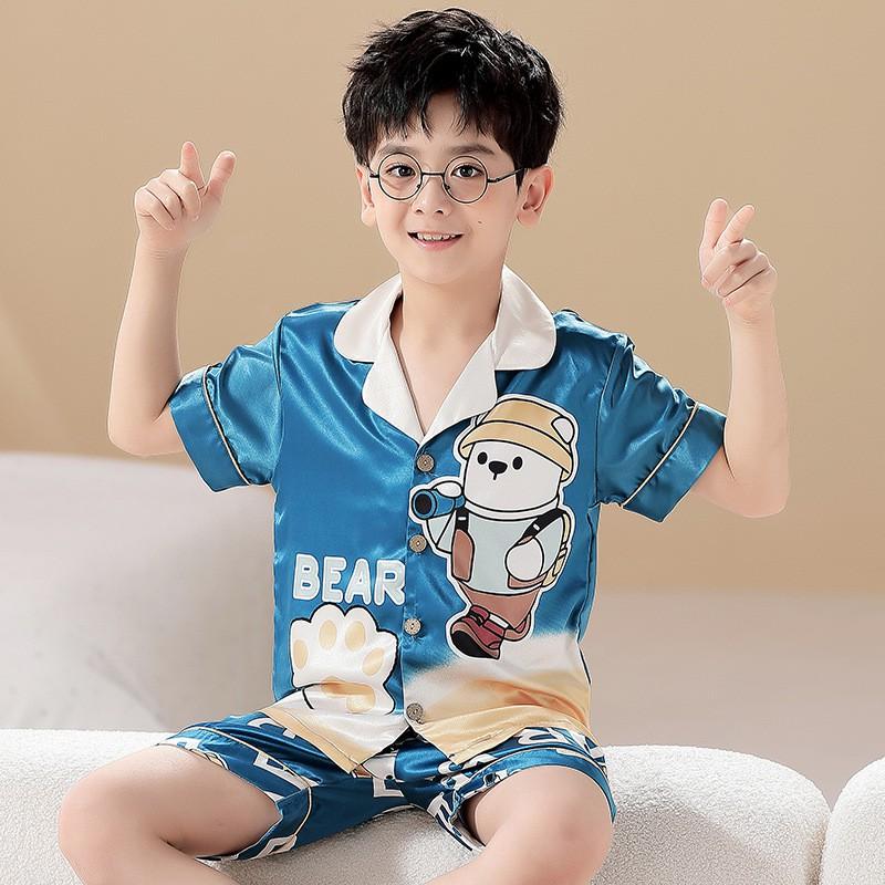 Boys Pajama Set Ice Silk Short Sleeve Cartoon Sleepwear Kids 8 Years Home Loungewear