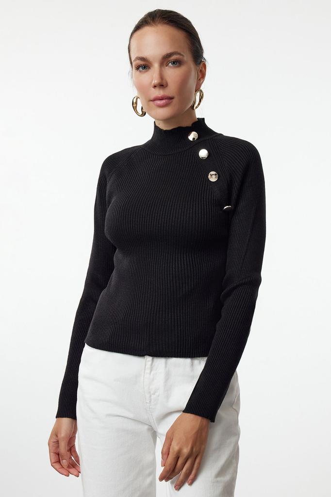 Women's Fashion Stylish Sweater Green Button Detailed Fine Knitwear Sweater