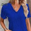 Tricou de vară pentru femei, gât în V, mânecă scurtă, casual, broderie ajurată, dantelă, pulover, topuri streetwear