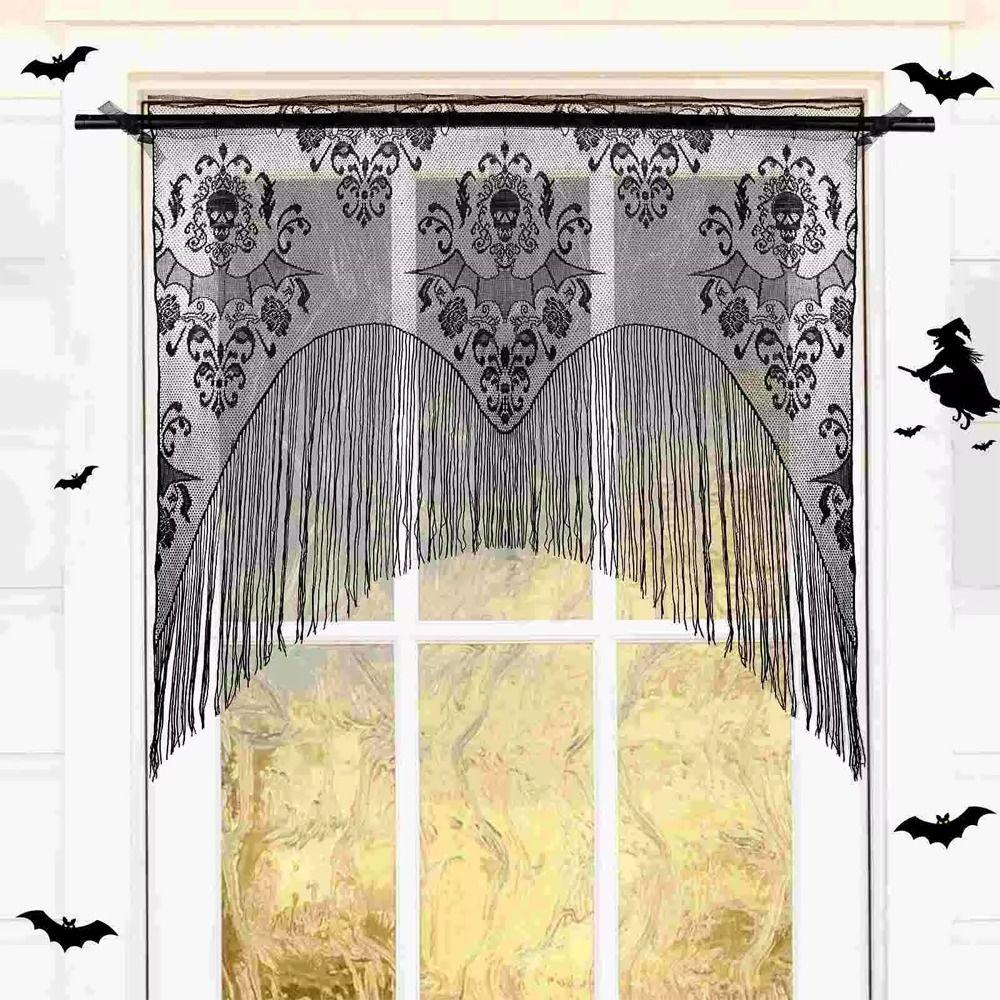 

Festival Halloween Bats Curtains Mesh Skull Curtain Funny Black Lace Curtain Ghost Festival