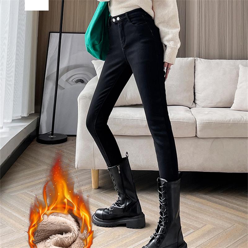 Autumn Winter Fashion Women Vintage Harajuku Jeans Fleece High Waist Casual Thicken Warm Elasticity Slim Skinny Jeans Streetwear