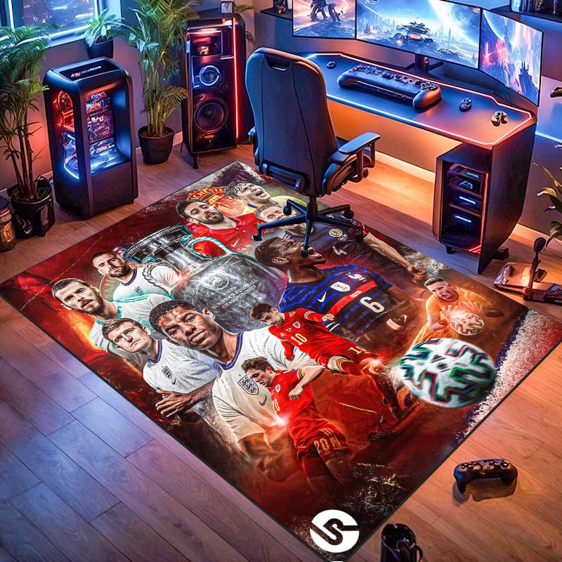 European Football Stars Collage With Champion Trophy Area Rug Non Slip Floor Carpet Soccer Fan Home Decor Mat