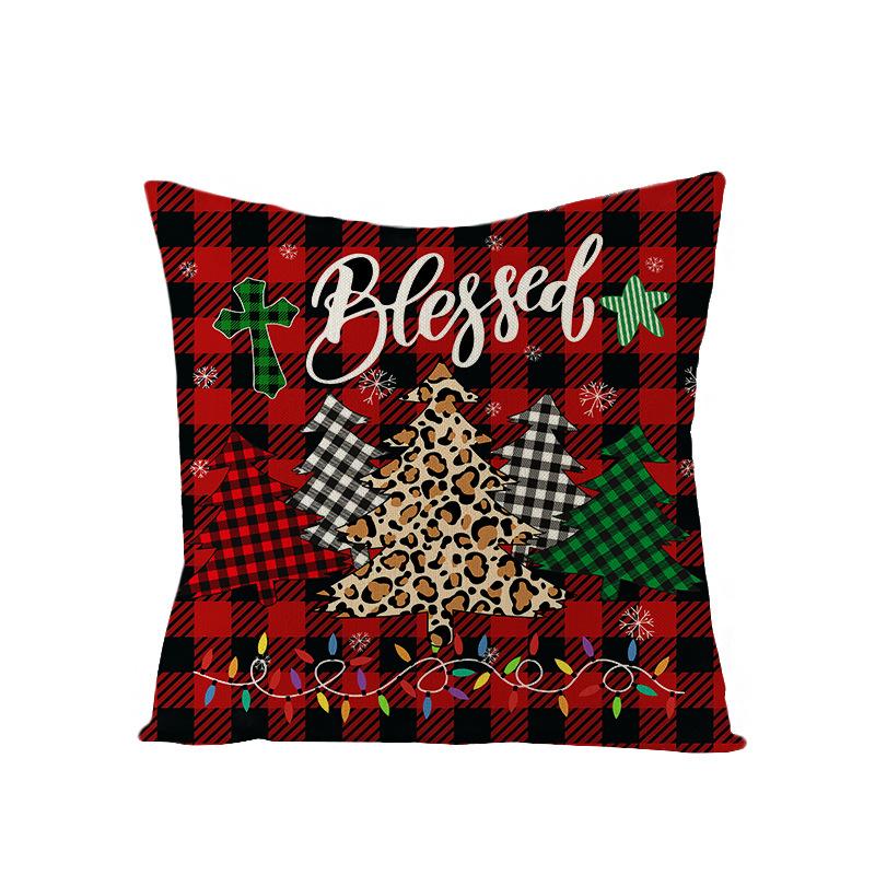 Christmas Pillow Case Red and Black Plaid Christmas Tree Snowflake Polyester Series Printed Sofa Cushion