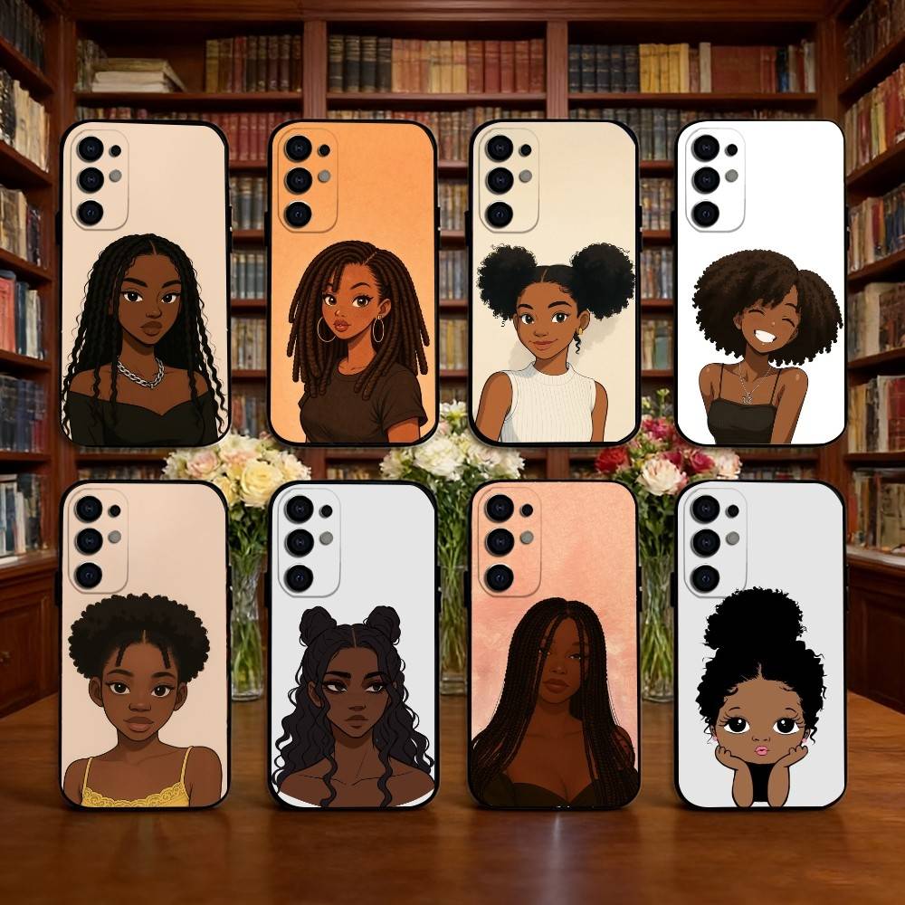 Cartoon African Black Girl Phone Case For Samsung S25,S24,S21,S22,S23,S30,Ultra,S20,Plus,Fe,Soft Silicone Black Cover