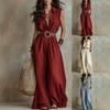 Combinaison Longue Sans Manches à Col Plongeant Boutonnée Jambes Larges avec Ceinture Casual Couleur Unie Coupe Ample pour Femme