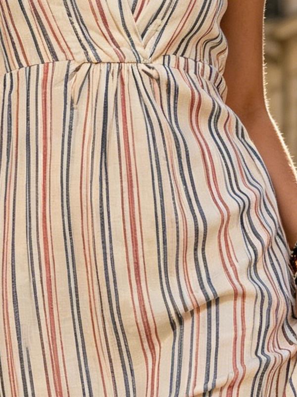 Women Summer Striped Sleeveless Midi Dress V Neck Empire Waist Loose Linen Look Sundress Bohemian City Holiday Outfit