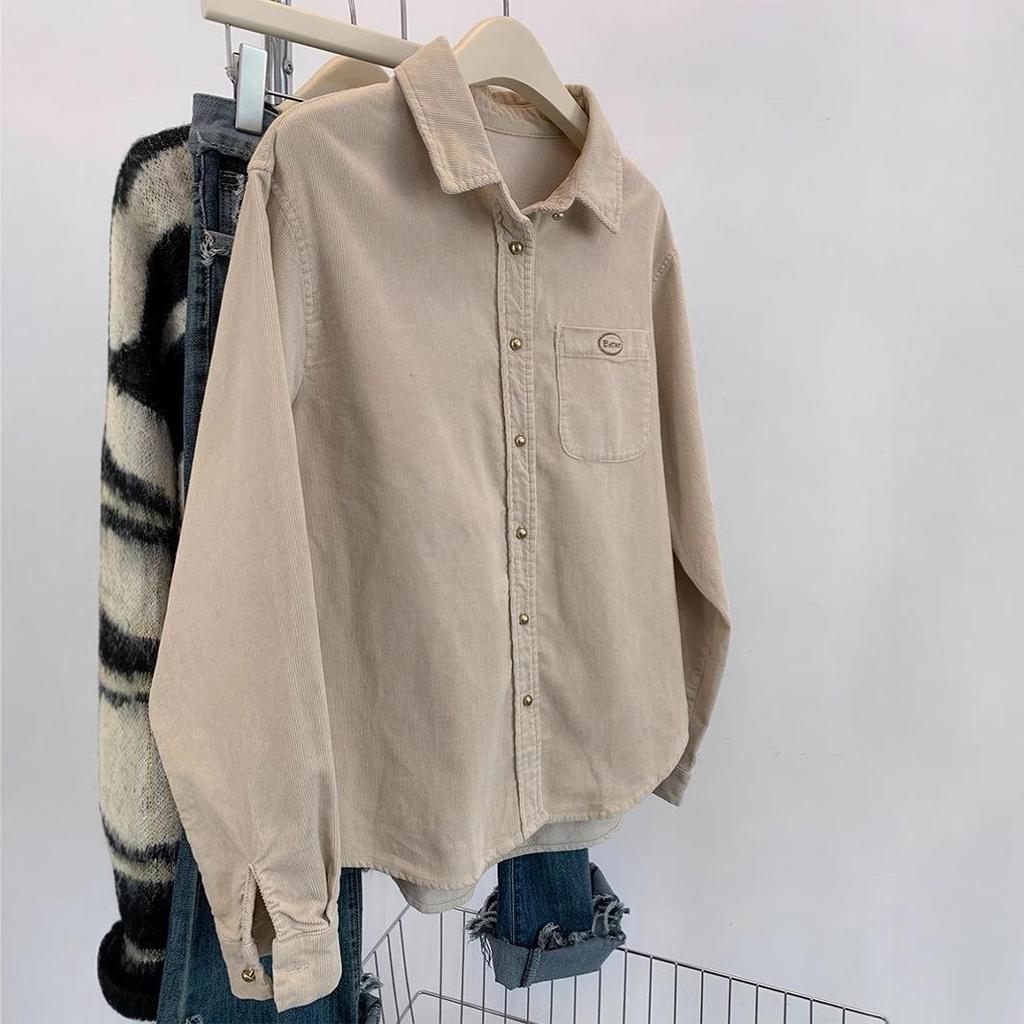 Damen Retro Rosa Cordhemdjacke - Herbst/Winter Langarm Oberteil