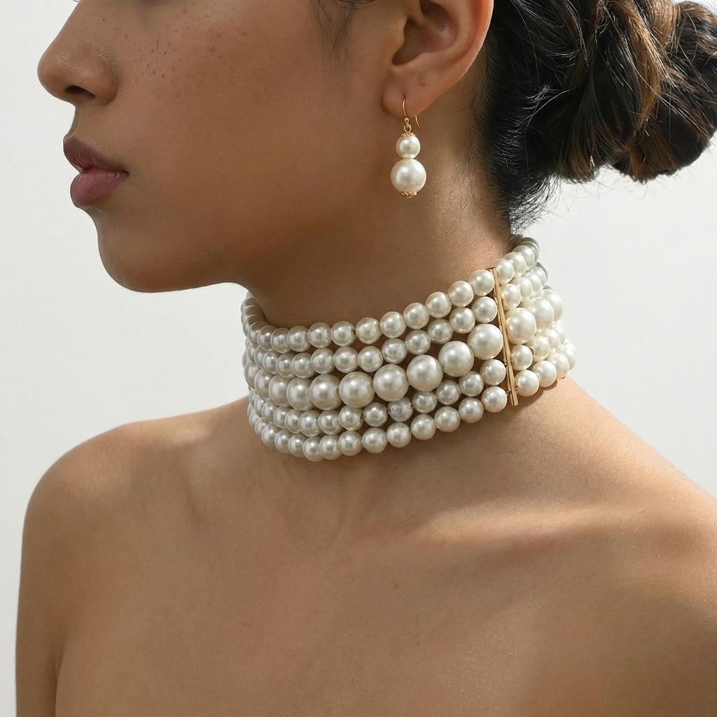 Fashion New Multi Layer Pearl Choker Necklace Minimalist Round Geometric Pearl Earrings Luxury Jewelry Set For Women