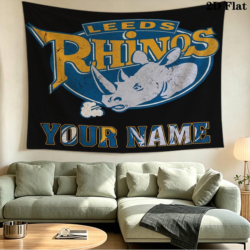 Custom Name Leeds Rhinos Printed Tapestry – Wall Hanging for Bedrooms, Dorms, and Home Decor