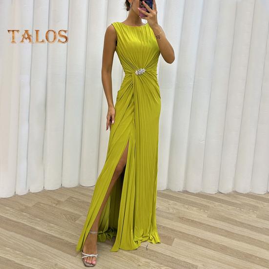 Abendkleid für Damen, plissiert, Schlitzsaum, bodenlang, einfarbig, Strass-Dekor, ärmellos, Rundhalsausschnitt, hohe Taille, Strass-Dekor, Abschlussball, Cocktailparty