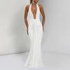 Women's Neck Deep V Backless Maxi Dress with Waist Tie Sash