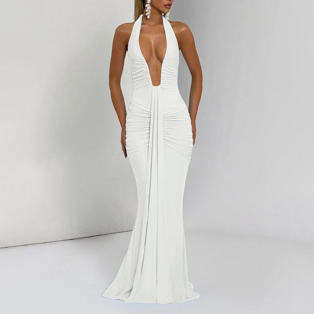 Women's Neck Deep V Backless Maxi Dress with Waist Tie Sash