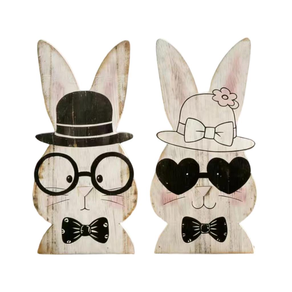 Easter Bunny Figurine, Wooden Craft, Home Decoration, Couple Bunny Figurine With Glasses.
