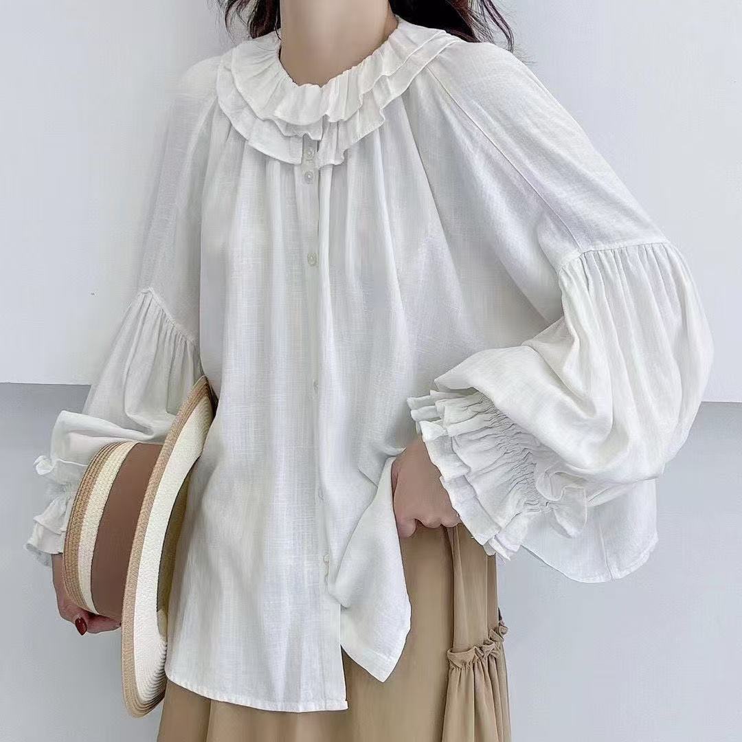 

Осенние винтажные льняные женские топы и блузки Mori на пуговицах с оборками и воротником, свободные однотонные женские рубашки One Size бежевый