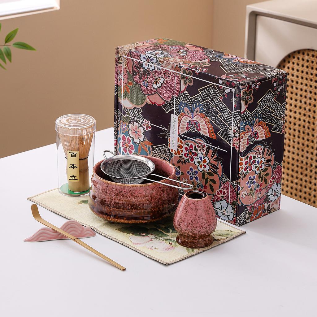 Japanese Matcha Tea Set Ceramic Chawan Bowl Whisk Holder Scoop Spoon Sieve Gift Traditional Tea Ceremony Kit for Home Restaurant