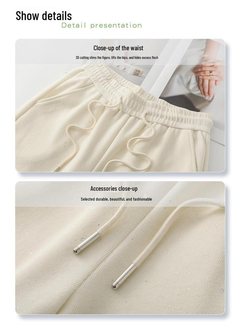 Gray Glitter High-Waisted Wide-Leg Elastic Drawstring Pants for Women - Spring/Autumn 2025