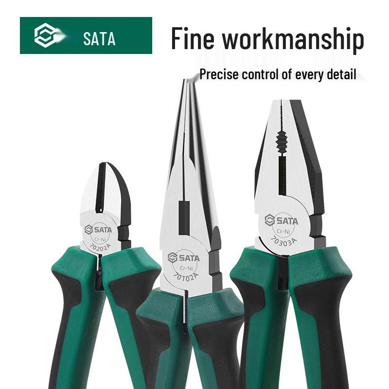 SATA High-Grade Electrician Needle-Nose Vise Pliers, Angled Wire Cutters, Industrial Hardness, Labor-Saving Design
