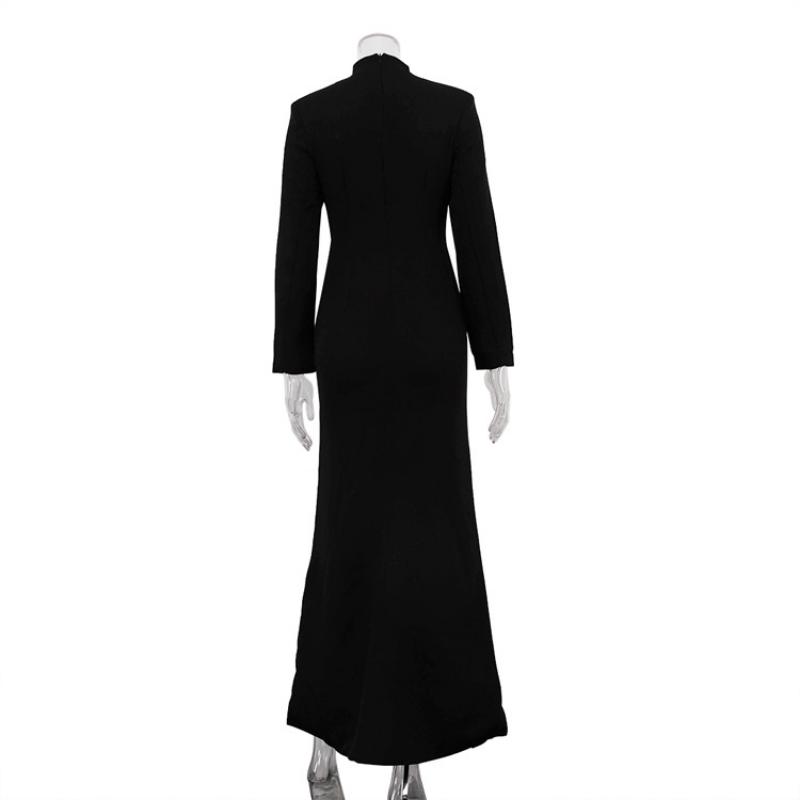 Women's White Stand Collar Deep V Neck Long Sleeve Maxi Dress Button Front High Slit Bodycon Elegant Formal Evening Party Wedding Guest Gown
