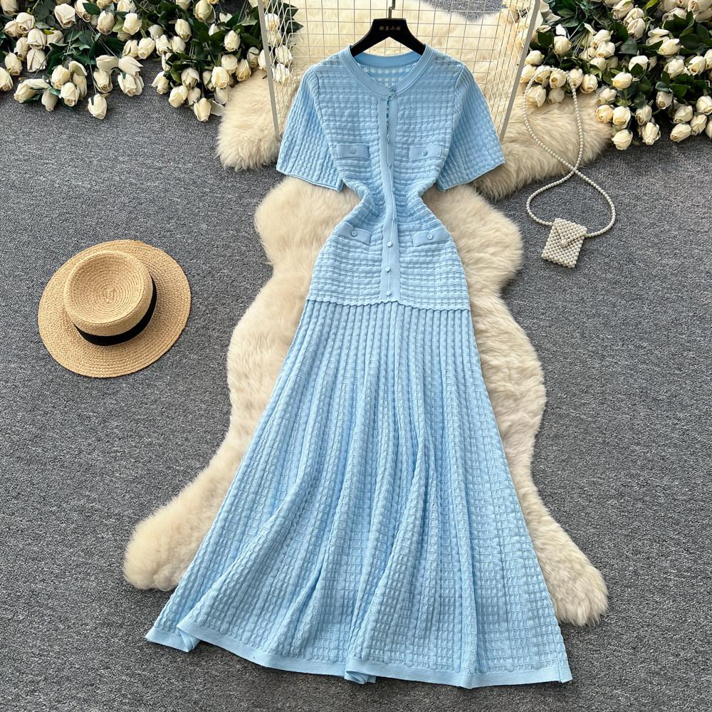 Summer New Brand Fashion Vintage Knitted Dress Women Elegant Hollow Out O-Neck Single Breasted A-Line Long Robes Ladies Dress