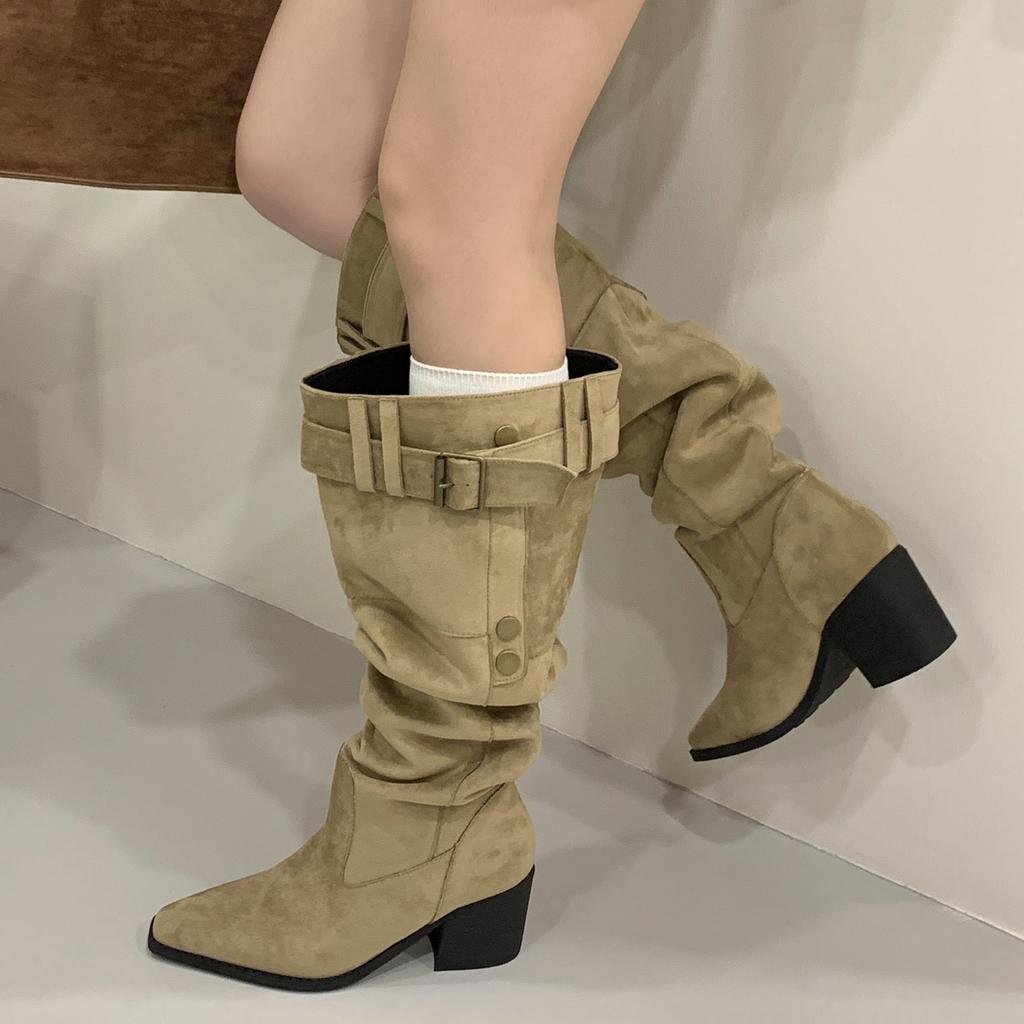 Fashion Eilyken Winter Designer Belt Buckle Women Knee High Boots Fashion Pointed Toe Square Heels Long Booties Largas Mujer