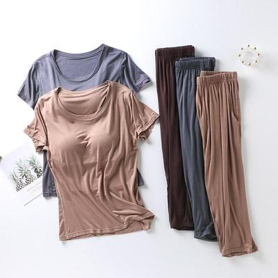 2026 Sommer Ny Dame Modal Pyjamas To-delt Sett Med Brystpute Kortermet Cropped Bukse Stor Størrelse Hjemmetjeneste Sett