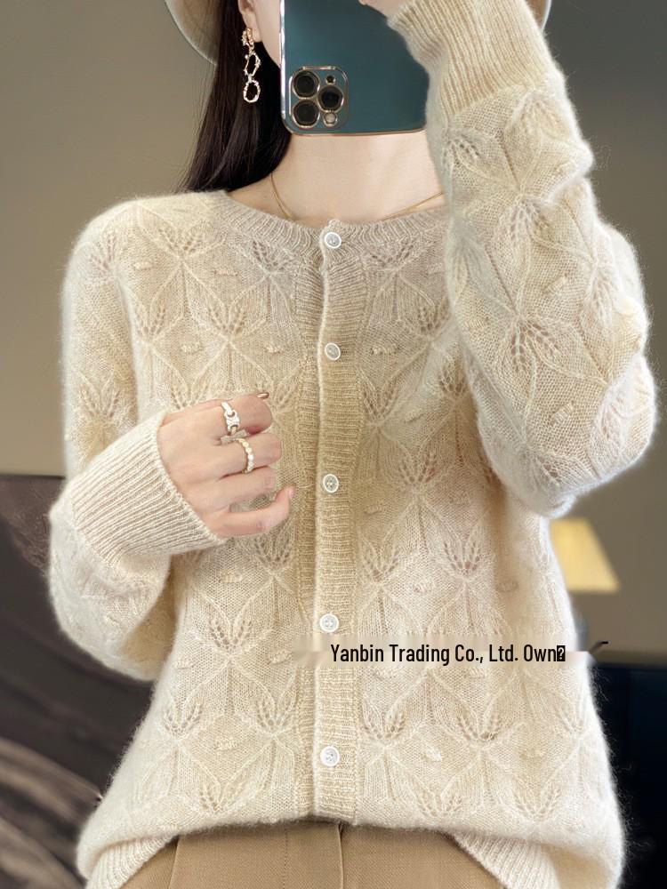 Women's Round Neck Long Sleeve Wool Cardigan - Hollow Jacquard Knit Sweater Jacket
