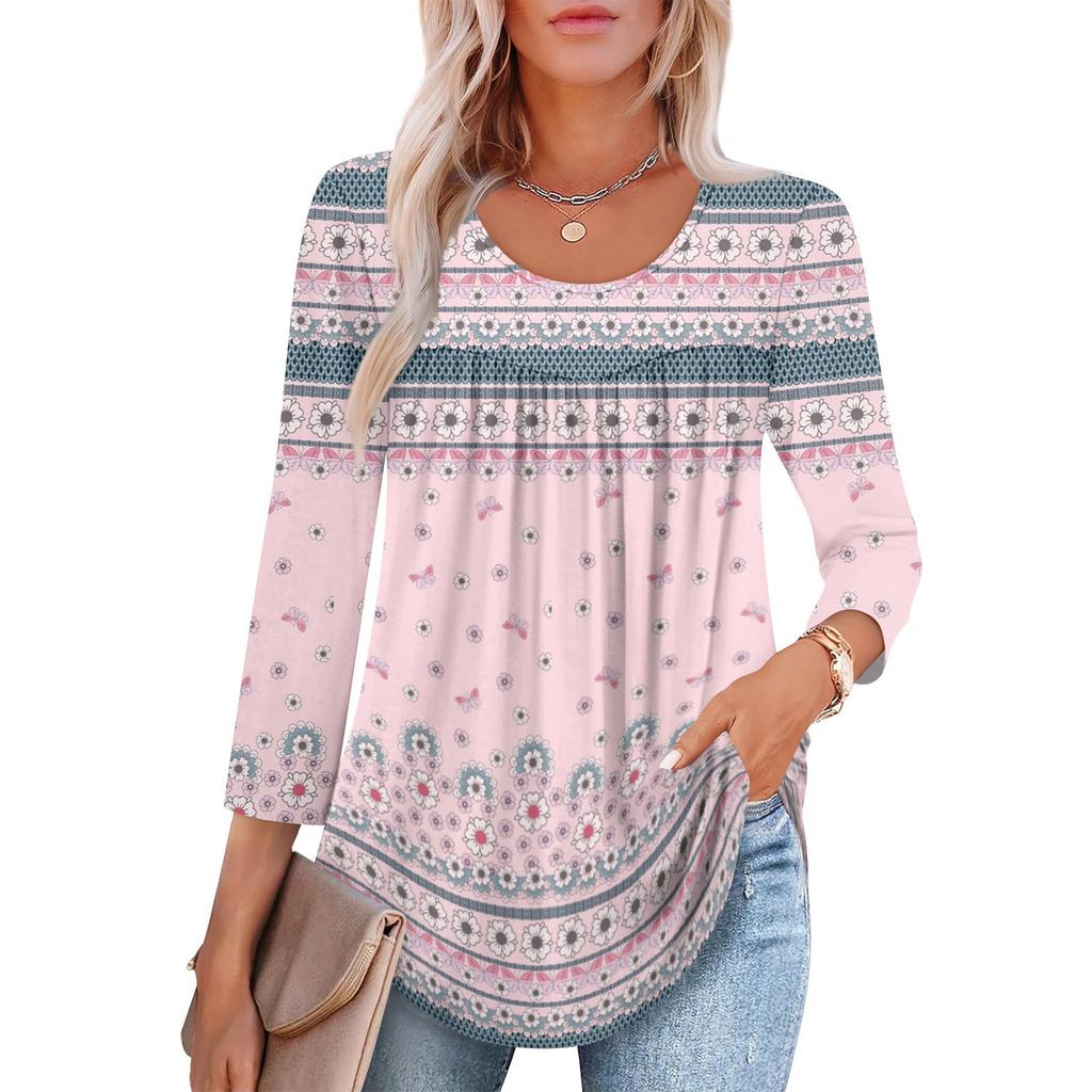 Women's Fashion Seven Sleeve Top Round Neck Pleated Casual Printed Top