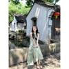 Green printed neck dress women's leisure new summer seaside vacation floral temperament long skirt