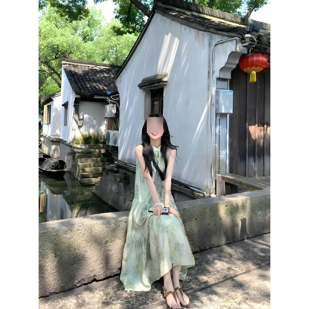 Green printed neck dress women's leisure new summer seaside vacation floral temperament long skirt