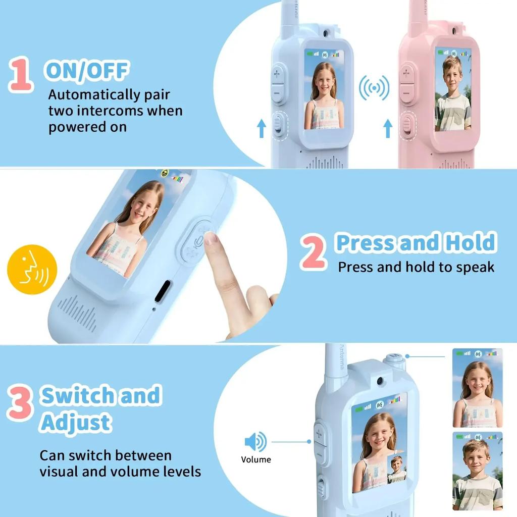 2PCS Video Walkie Talkies for Kids Rechargeable Toddler Toys for Indoor Camping Travel Birthday Gfits for Kids Ages 3-12