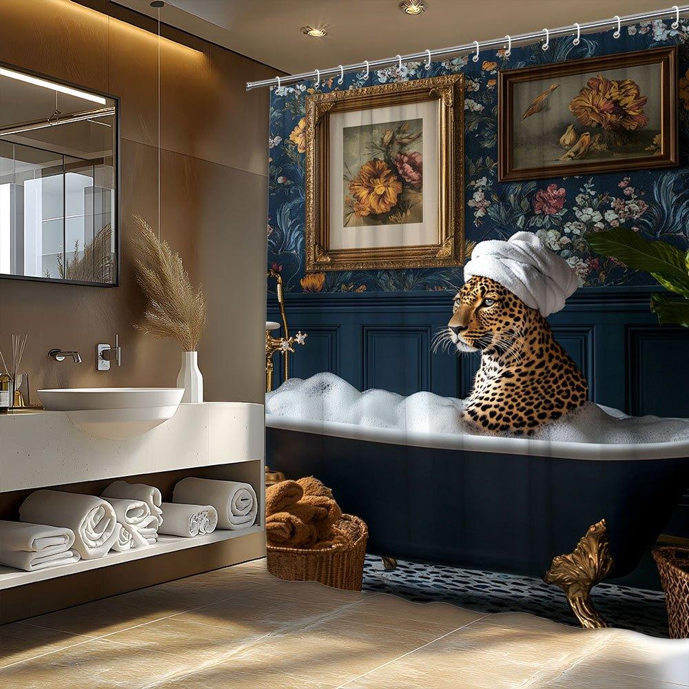 

Leopard Print Bathtub Shower Curtain Dark Blue Background Bubbles Elegant Luxury Classical Bathroom Decor With Hooks W60H190(CM)-1 Pcs