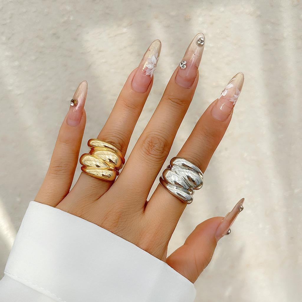 Exaggerated French Metal Texture Glossy Butterfly Ring Women'S Simple Bow Double Finger Ring