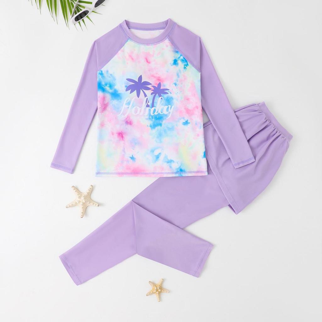 Girls' Teen Long Sleeve Sun-Proof Swimsuit Set with Quick-Dry Korean Style Print