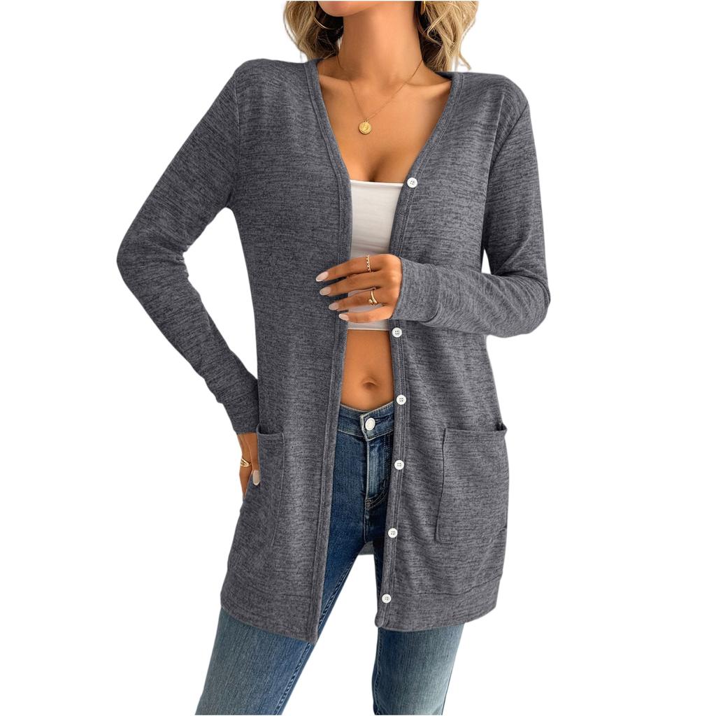 Women's Solid Color Loose Long Sleeve Pocket Cardigan Jacket