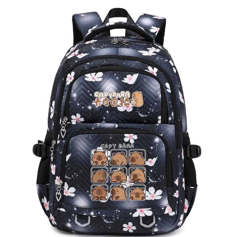 Capybara Print Youth School Backpack Teen Girls Boys Lightweight Multi-Compartment Nylon Bag With Air-Padded Straps