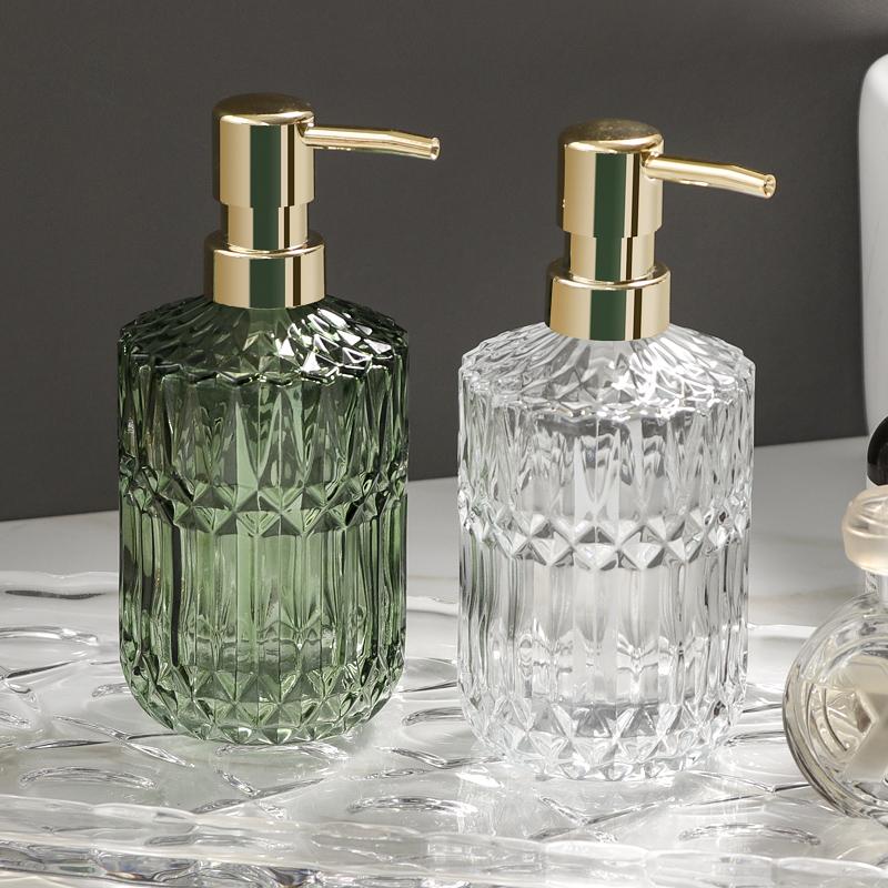 390ML Glass Lotion Bottle Diamond Shape Bathroom Soap Liquid Container Household Glass Shampoo Shower Gel Lotion Storage Bottle