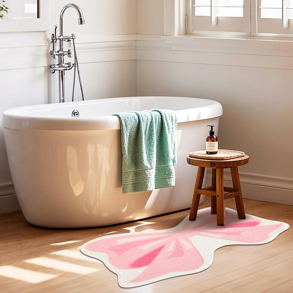 FEBSNOW Pink Bow Bathmat Rugs, Non Slip Coquette Bow Cute Aesthetic Carpet, Cute Room Decor Coquette Rug for Bathroom Bathtub Shower Bedroom and