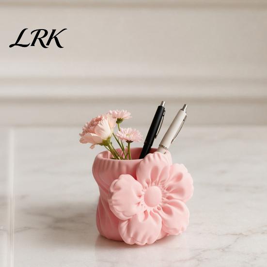 Dressing Table Pen Holder 3D Printed Silk Flower Holder, Cute Puff Desk Fluffy Petal Container Organizer, Makeup Brush Storage, Vase Decorative