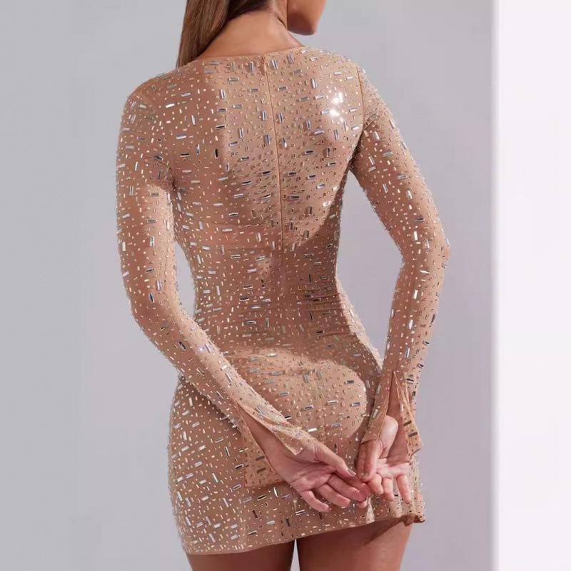 Ohpolly Luxurious Nude Rhinestone Sequin Mini Evening Dress