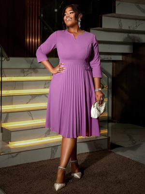 Kadınlar İçin Mor Yarım Kollu Pileli Elbiseler Yüksek Bel Ofis Çalışma Günlük Midi A Kesim Elbise Büyük Beden