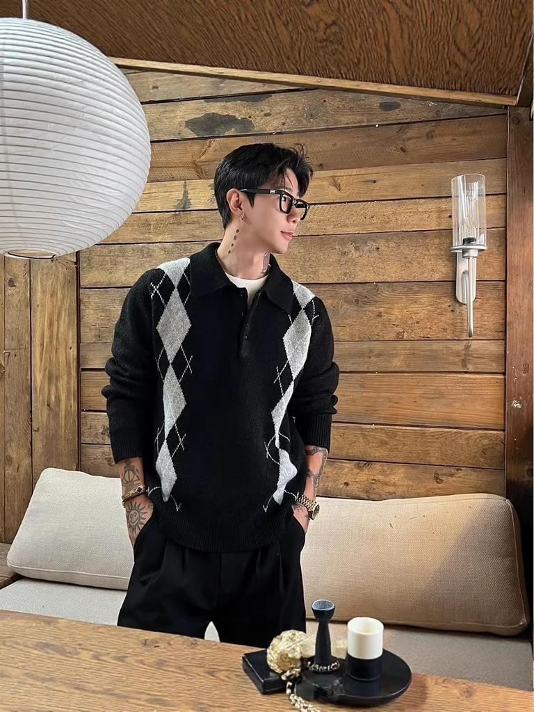 Men's British Argyle Long-Sleeve Polo Sweater - Versatile Collegiate Style for Spring and Autumn