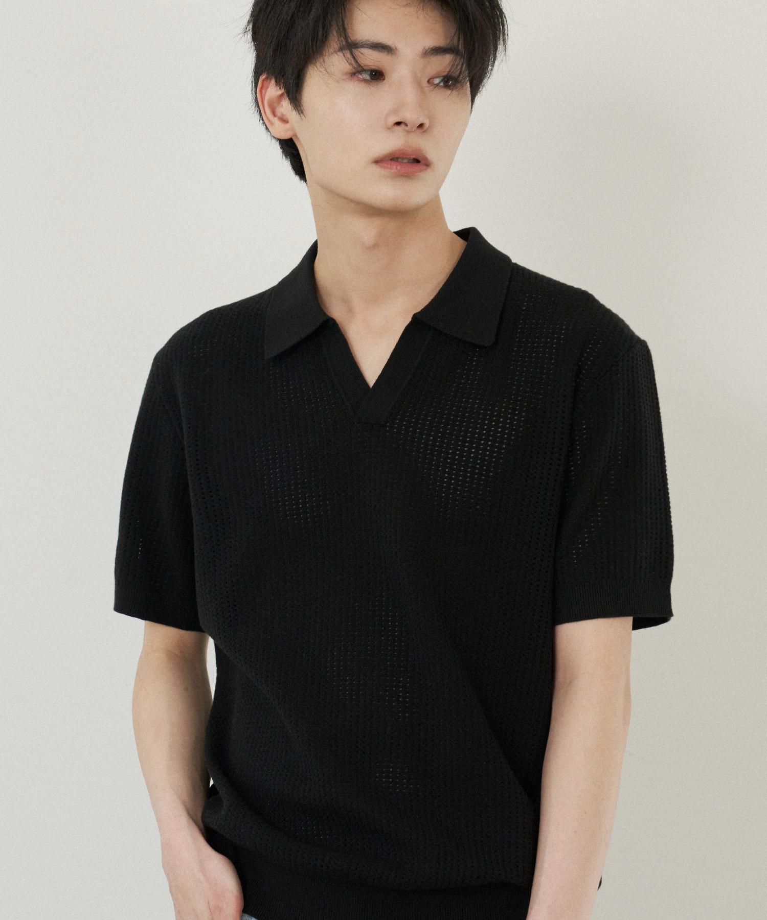 210 Edit Men S Punched Slit Collar Knit_Ze2Sw234_Blk Blk/095