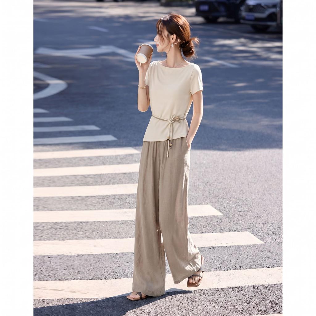 Elegant Commuter Set 2026 Summer New One Collar Split T-shirt Waist Drop Wide Leg Pants Two Piece Set for Women