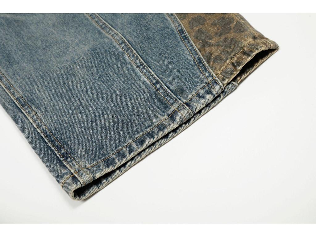 Jeans de Perna Larga Patchwork com Patch de Estrela Leopardo Outono 2025